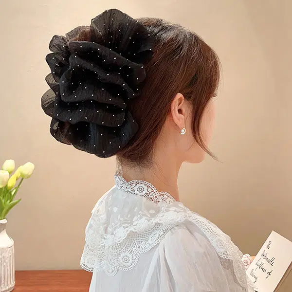 左欧 双面网纱云朵泡泡蝴蝶结后脑勺盘发鲨鱼夹 发夹 女款