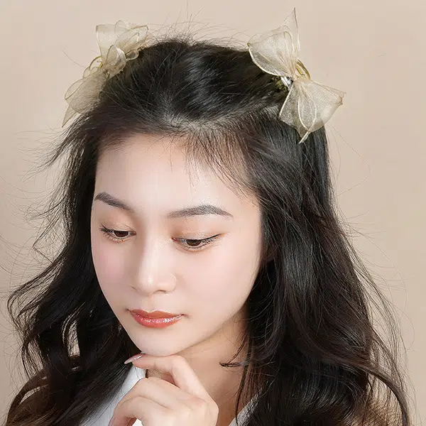左欧 网纱蝴蝶结刘海夹公主头香槟色高级感 发夹 女款
