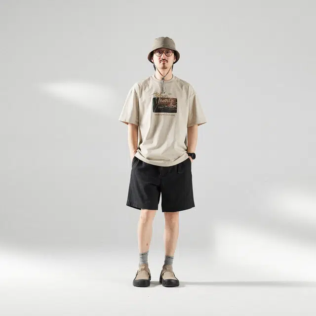 蓝岐 复古洗水直筒宽松基础款纯色运动休闲五分工装短裤 男女同款