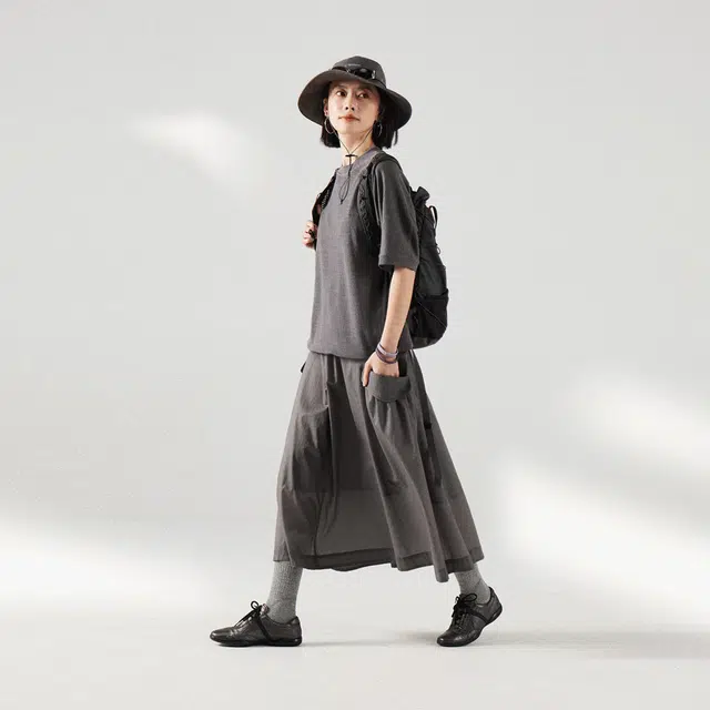 蓝岐 轻薄防泼水防晒中长款工装伞裙松紧日系休闲长裙 女款