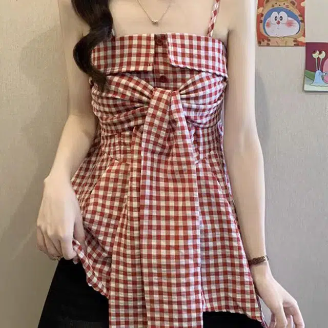 依钗 不规则系蝴蝶结格子纯欲修身背心吊带 女款