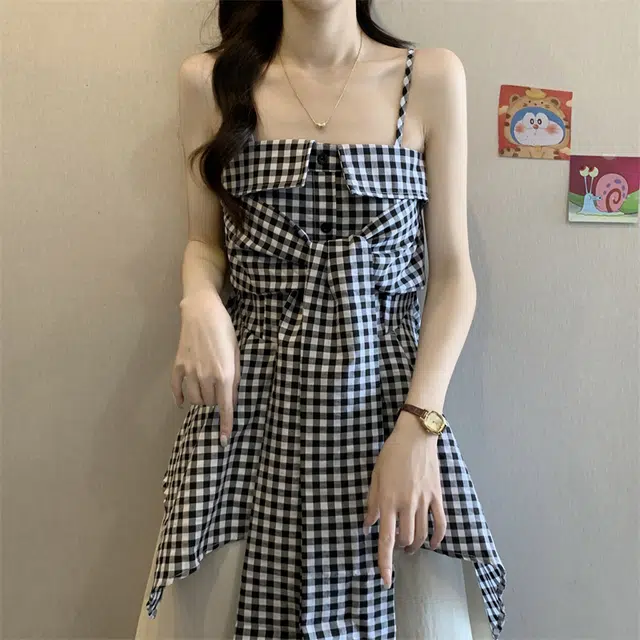 依钗 不规则系蝴蝶结格子纯欲修身背心吊带 女款