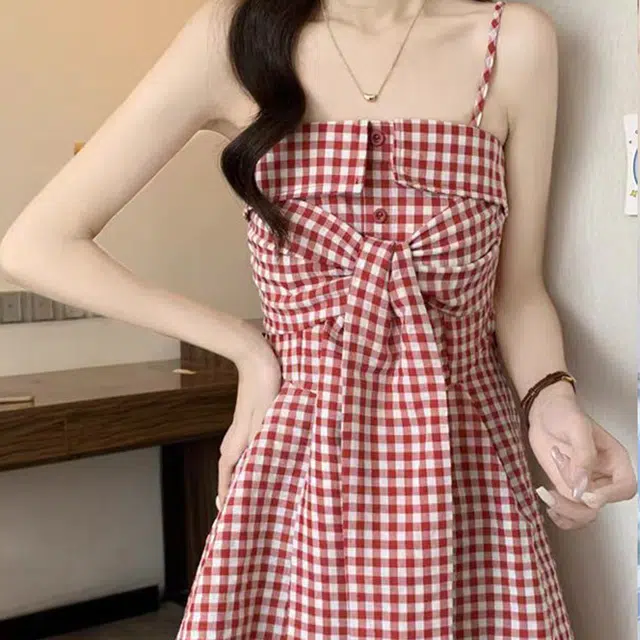 依钗 不规则系蝴蝶结格子纯欲修身背心吊带 女款