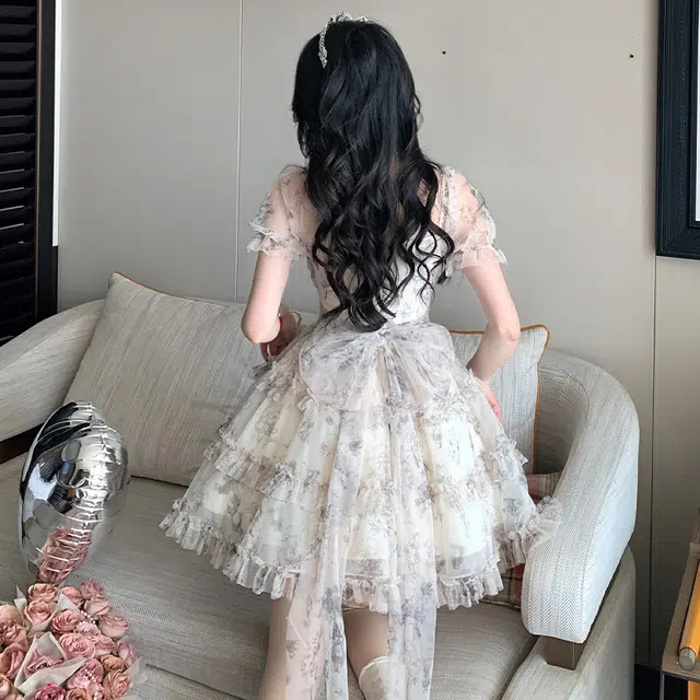困住大象 甜美少女蝴蝶结印花烫金芭蕾风蓬蓬裙装短袖连衣裙 女款