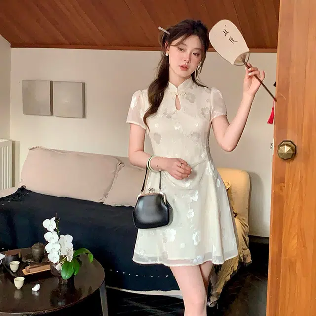 珠蒂美 重工新中式提花收腰提花国风时尚简约修身显瘦长裙短袖连衣裙 女款