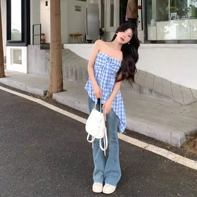 依钗 不规则系蝴蝶结格子纯欲修身背心吊带 女款