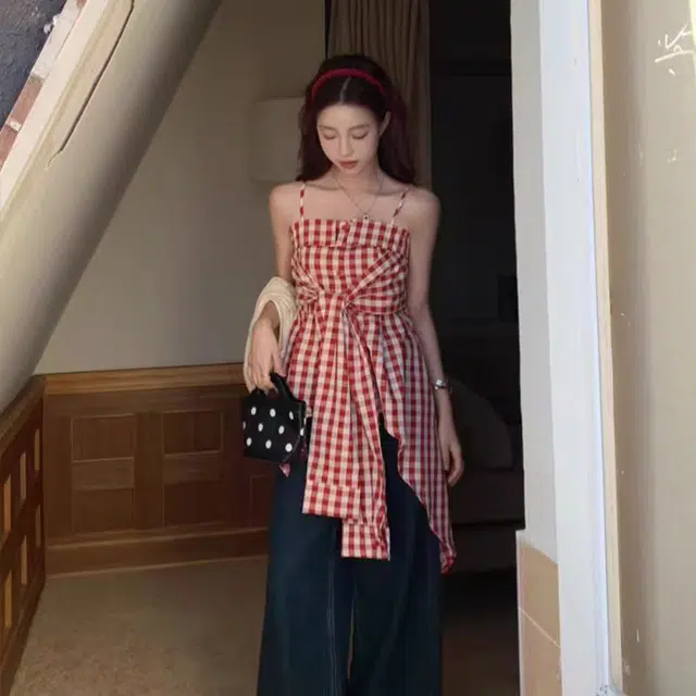 依钗 不规则系蝴蝶结格子纯欲修身背心吊带 女款
