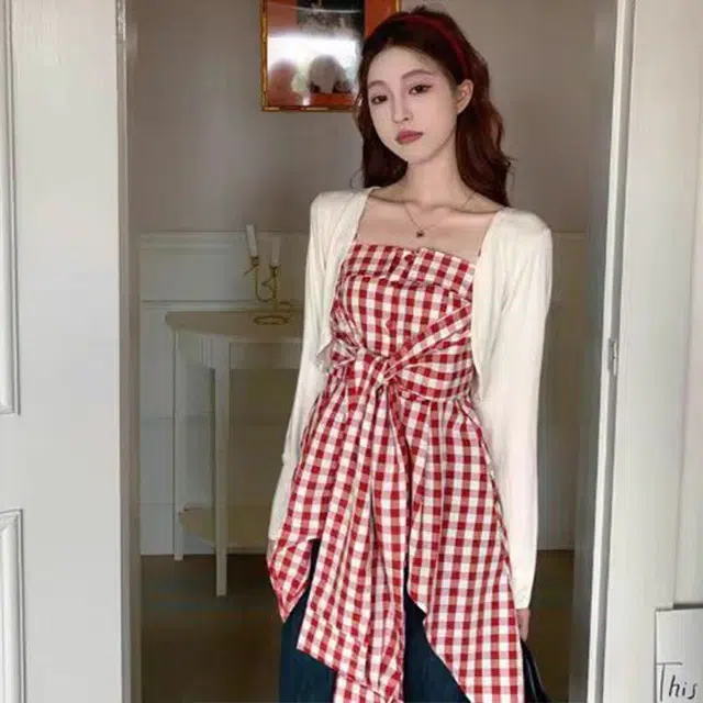 依钗 不规则系蝴蝶结格子纯欲修身背心吊带 女款