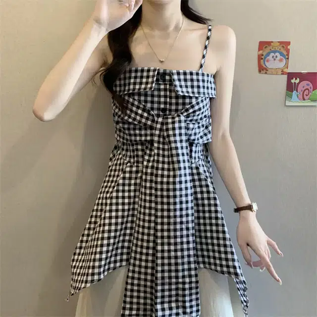 依钗 不规则系蝴蝶结格子纯欲修身背心吊带 女款