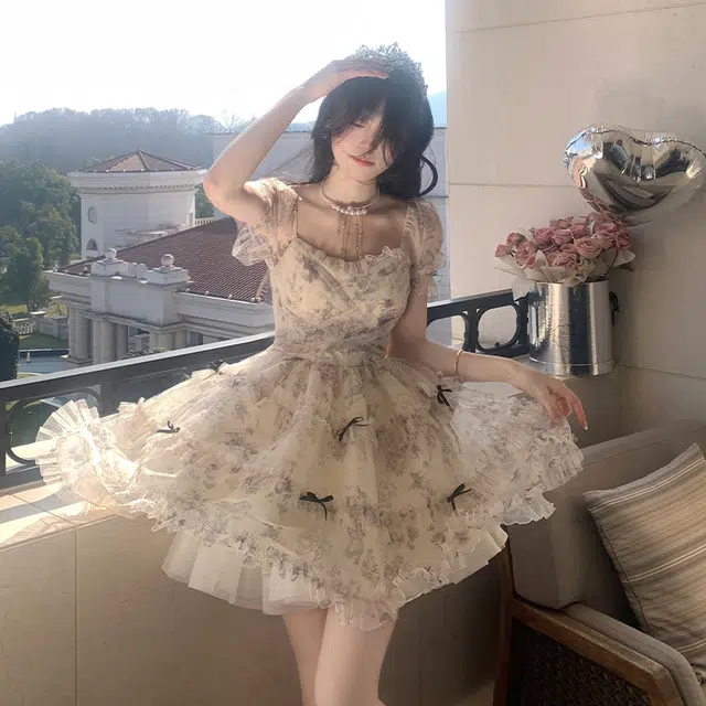 困住大象 甜美少女蝴蝶结印花烫金芭蕾风蓬蓬裙装短袖连衣裙 女款