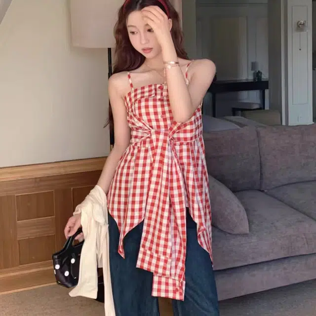 依钗 不规则系蝴蝶结格子纯欲修身背心吊带 女款