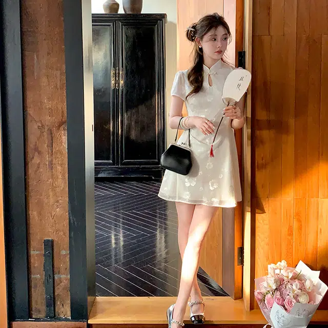 珠蒂美 重工新中式提花收腰提花国风时尚简约修身显瘦长裙短袖连衣裙 女款