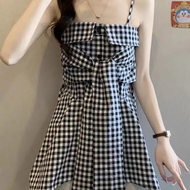 依钗 不规则系蝴蝶结格子纯欲修身背心吊带 女款