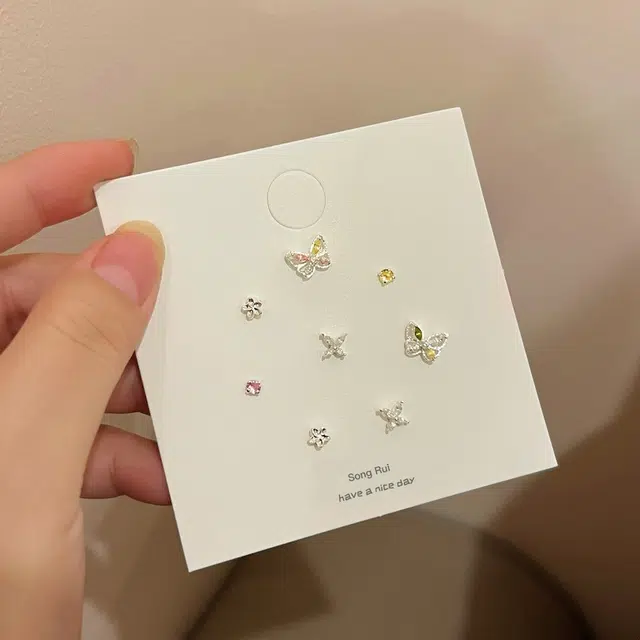 亲喜 彩色锆石蝴蝶套装甜美超仙时尚精致女小众设计感耳饰 合金 耳钉 女款