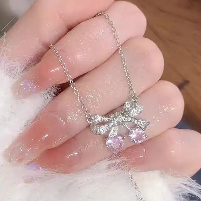 亲喜 心动梦甜   小众高级感粉樱桃锁骨链粉色蝴蝶结樱桃 铜 项链 女款
