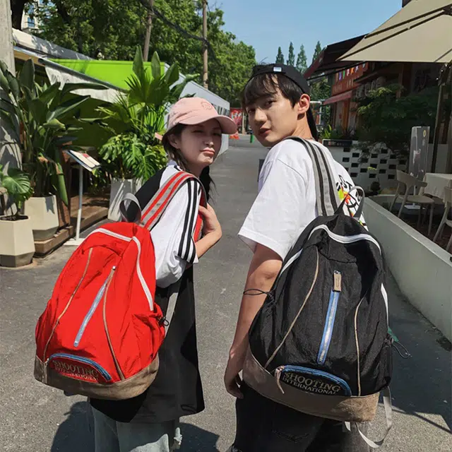 艾妮兔 美式刺绣初高中大学生大容量背包 尼龙 双肩包 男女同款情侣款 黑色/绿色/粉色/红色/灰色