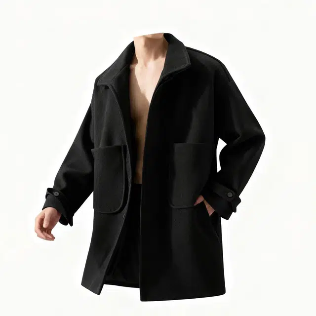 华夏儿女 日系工装纯色毛呢加厚落肩单排扣时尚风衣简约休闲大衣翻领美式复古高级学院风基础款超大口袋设计百搭夹克 男女同款