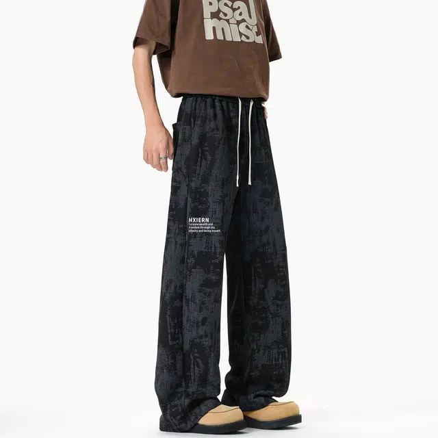 华夏儿女 美式高街复古扎染迷彩工装系带宽松直筒百搭运动休闲裤 男女同款