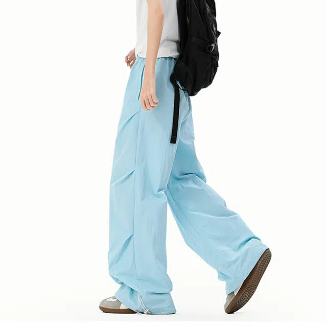 华夏儿女 美式时尚基础高级感纯色多巴胺系列冰丝凉感透气薄款宽松百搭褶皱垂感直筒休闲裤 男女同款