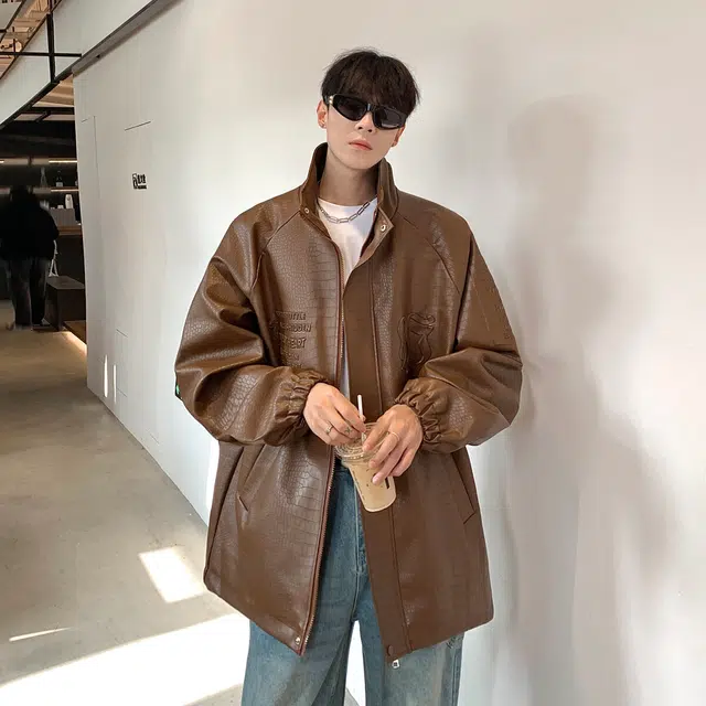华夏儿女 美式复古痞帅宽松立领潮流设计感鳄鱼纹前胸袖中钢印印花设计长袖夹克 男女同款