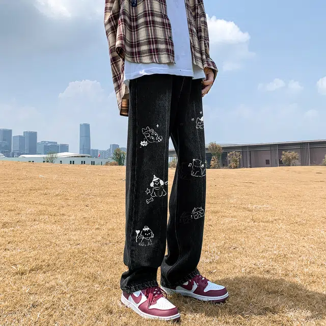 华夏儿女 涂鸦直筒美式复古宽松百搭牛仔裤 男女同款