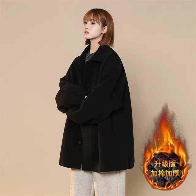 华夏儿女 美式复古夹棉加厚加绒御寒宽松翻领单排扣时尚百搭外套夹克 男女同款
