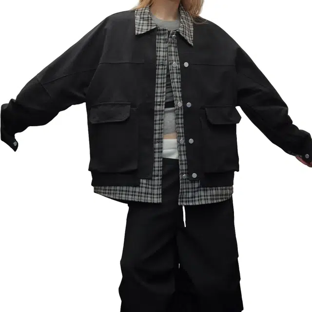 华夏儿女 美式复古宽松潮牌假两件格纹拼接时尚百搭工装设计情侣款夹克 男女同款