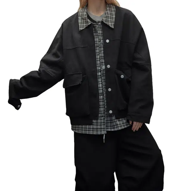 华夏儿女 美式复古宽松潮牌假两件格纹拼接时尚百搭工装设计情侣款夹克 男女同款