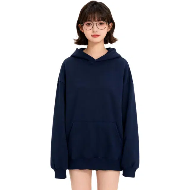 华夏儿女 基础款简约高街纯色重磅宽松休闲落肩口袋套头连帽卫衣 男女同款