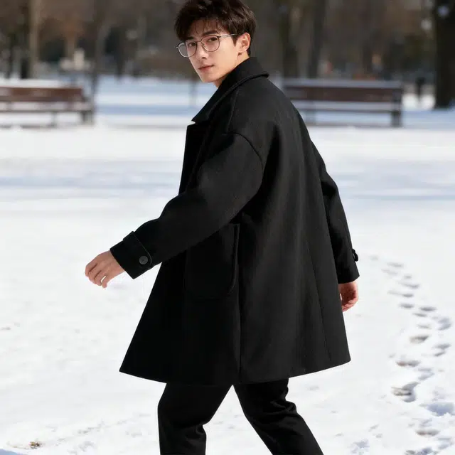 华夏儿女 日系工装纯色毛呢加厚落肩单排扣时尚风衣简约休闲大衣翻领美式复古高级学院风基础款超大口袋设计百搭夹克 男女同款