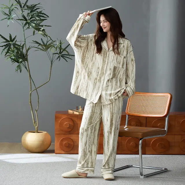 怀尔蔚 加绒保暖休闲简约长袖长裤家居服睡衣套装 女款 图色