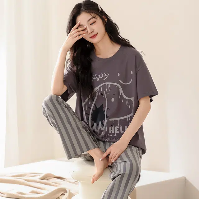 怀尔蔚 小狗印花圆领上衣条纹撞色长裤睡衣套装 女款 灰色