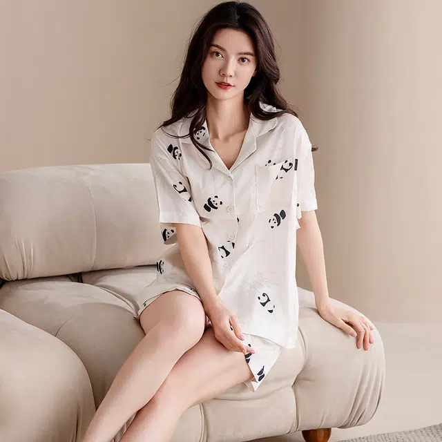 怀尔蔚 可外穿舒适短袖翻领短裤睡衣套装 女款