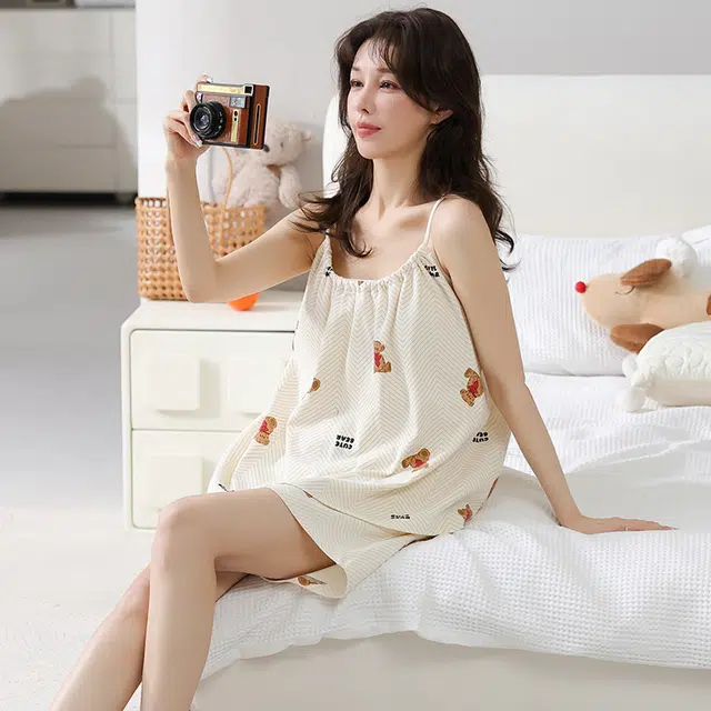 怀尔蔚 薄款可外穿舒适无袖吊带上衣家居服三分裤睡衣套装 女款