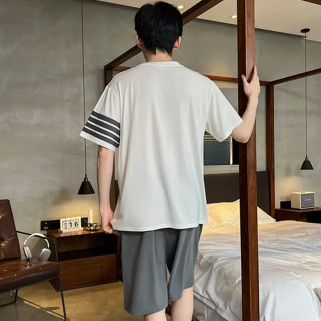 怀尔蔚 简约休闲舒适条纹睡衣套装 男款