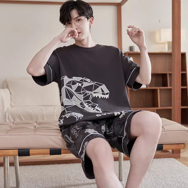 怀尔蔚 简约宽松休闲亲肤薄款透气短袖上衣松紧舒适短裤睡衣套装 男款 图片色