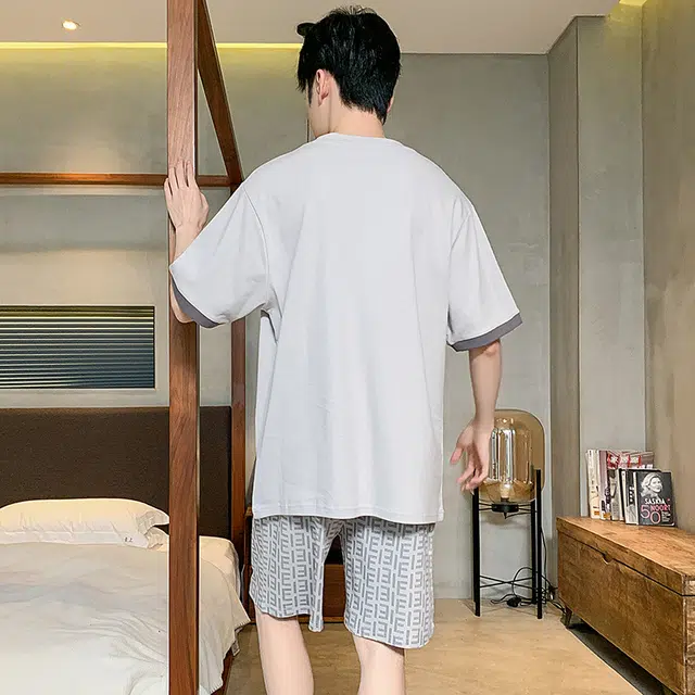 怀尔蔚 简约休闲舒适短袖薄款透气短裤睡衣套装 男款