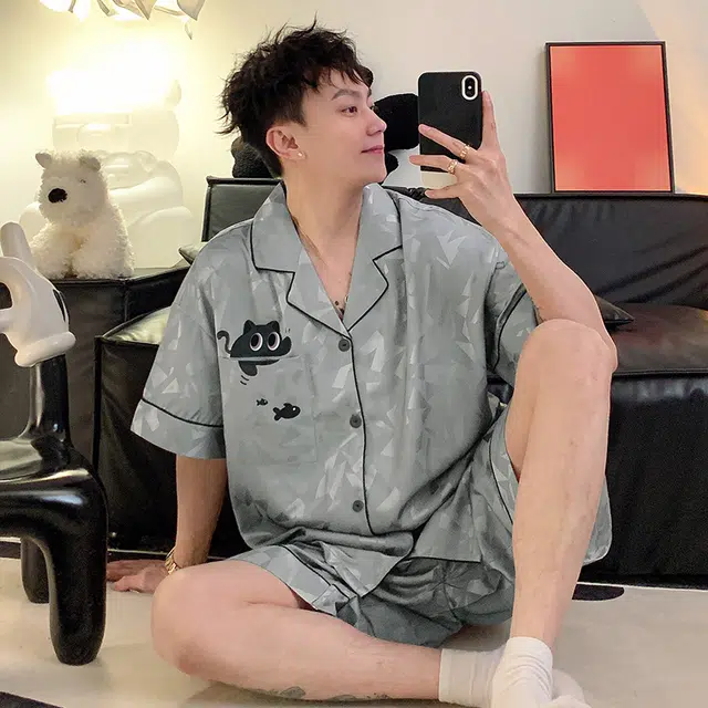 怀尔蔚 翻领开衫短袖舒适薄款居家服睡衣套装 男款