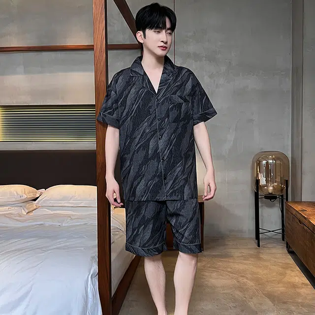 怀尔蔚 舒适薄款翻领开衫短袖家居服睡衣套装 男款