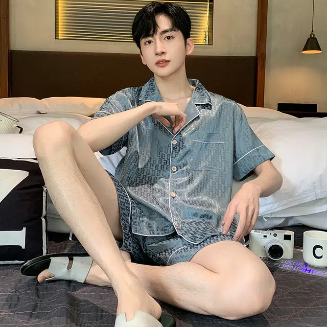 怀尔蔚 翻领短袖上衣舒适亲肤短裤睡衣套装 男款 蓝色