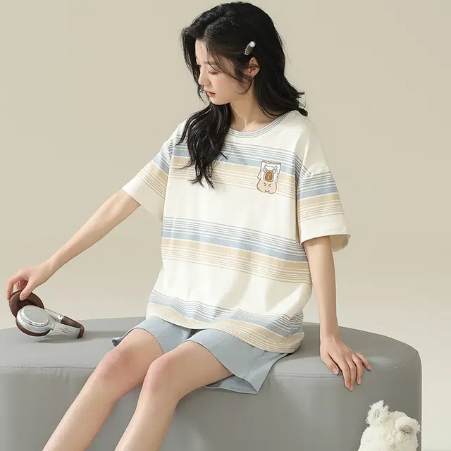 怀尔蔚 条纹休闲薄款短袖透气纯色短裤睡衣套装 女款 图色