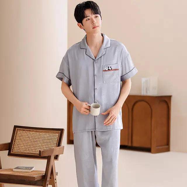 怀尔蔚 舒适薄款居家服短袖短裤长裤三件套睡衣套装 男款