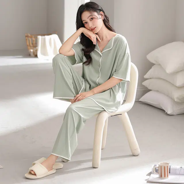 怀尔蔚 舒适透气纯色短袖上衣家居服可外穿长裤睡衣套装 女款 图片色