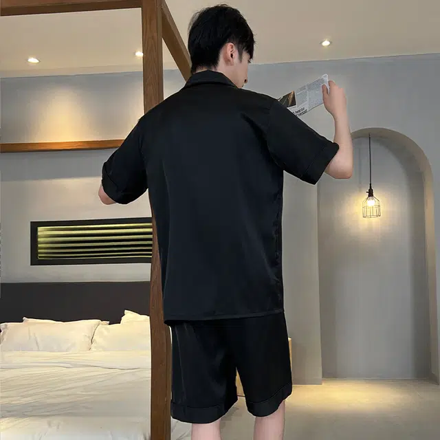 怀尔蔚 翻领休闲透气短袖上衣三分裤睡衣套装 男款 黑色