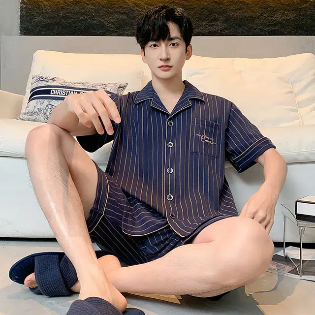 怀尔蔚 翻领亲肤短袖上衣家居服可外穿舒适五分裤睡衣套装 男款 图片色