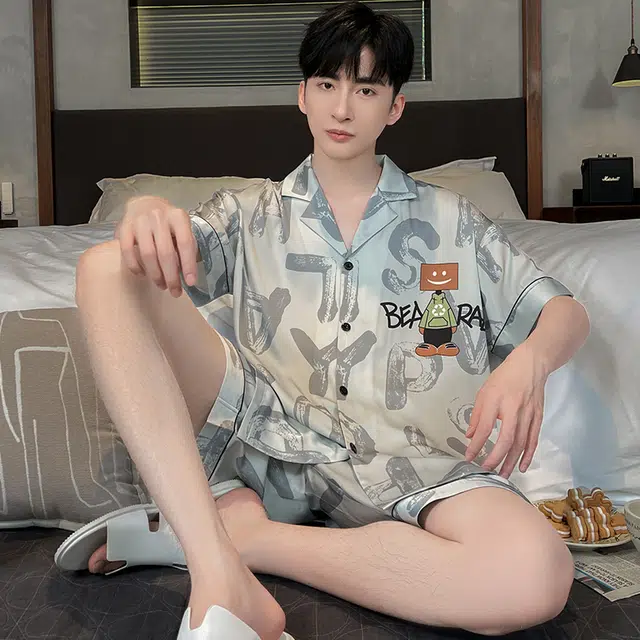 怀尔蔚 翻领单排扣休闲薄款透气短袖上衣松紧腰短裤睡衣套装 男款 浅灰