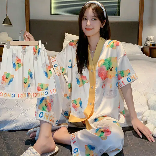 怀尔蔚 甜美卡通印花宽松休闲薄款透气短袖上衣松紧短裤长裤睡衣套装 女款 图片色