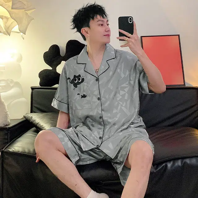 怀尔蔚 翻领开衫短袖舒适薄款居家服睡衣套装 男款