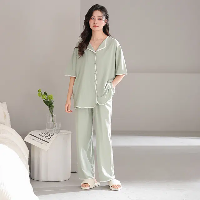怀尔蔚 舒适透气纯色短袖上衣家居服可外穿长裤睡衣套装 女款 图片色