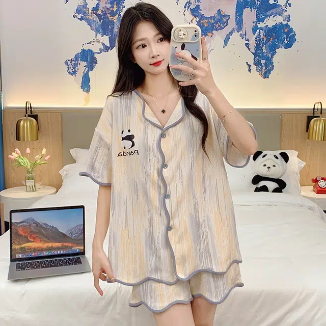 怀尔蔚 简约亲肤舒适透气翻领上衣短袖休闲薄款可外穿三分裤睡衣套装 女款 杏色